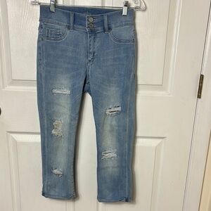 SOHO NY&Co Women's Blue Distressed High Waist Cropped Leggings Jeans Size 6